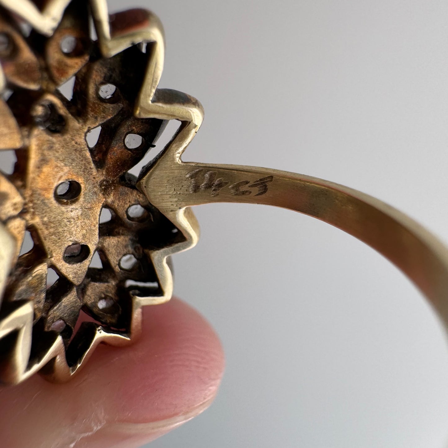 A N T I Q U E // star flower shield / sterling silver topped 14k rose cut diamond celestial daisy cluster shield ring / size 5.75