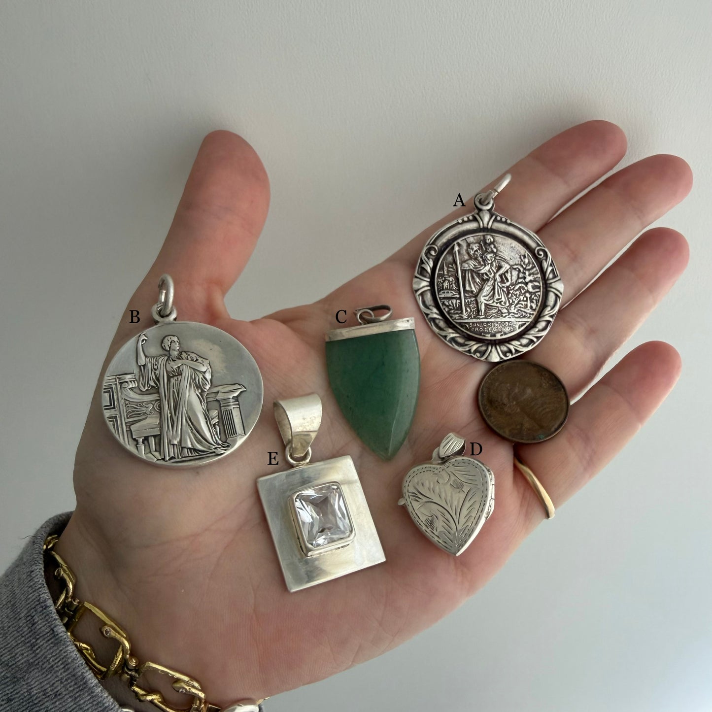 LIKE A LIVE // sterling silver pendants / St Christopher / Elocution medal / aventurine / heart locket / modernist rectangle