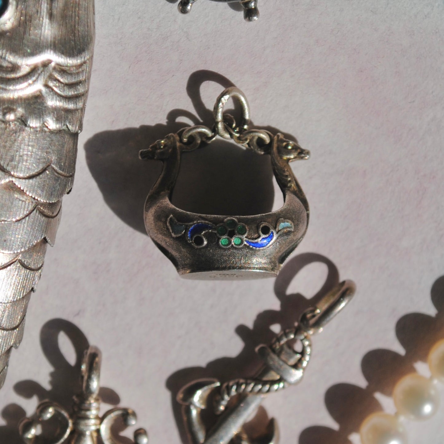 V I N T A G E // like the vikings / sterling silver and enamel adorned viking sea vessel / a pendant