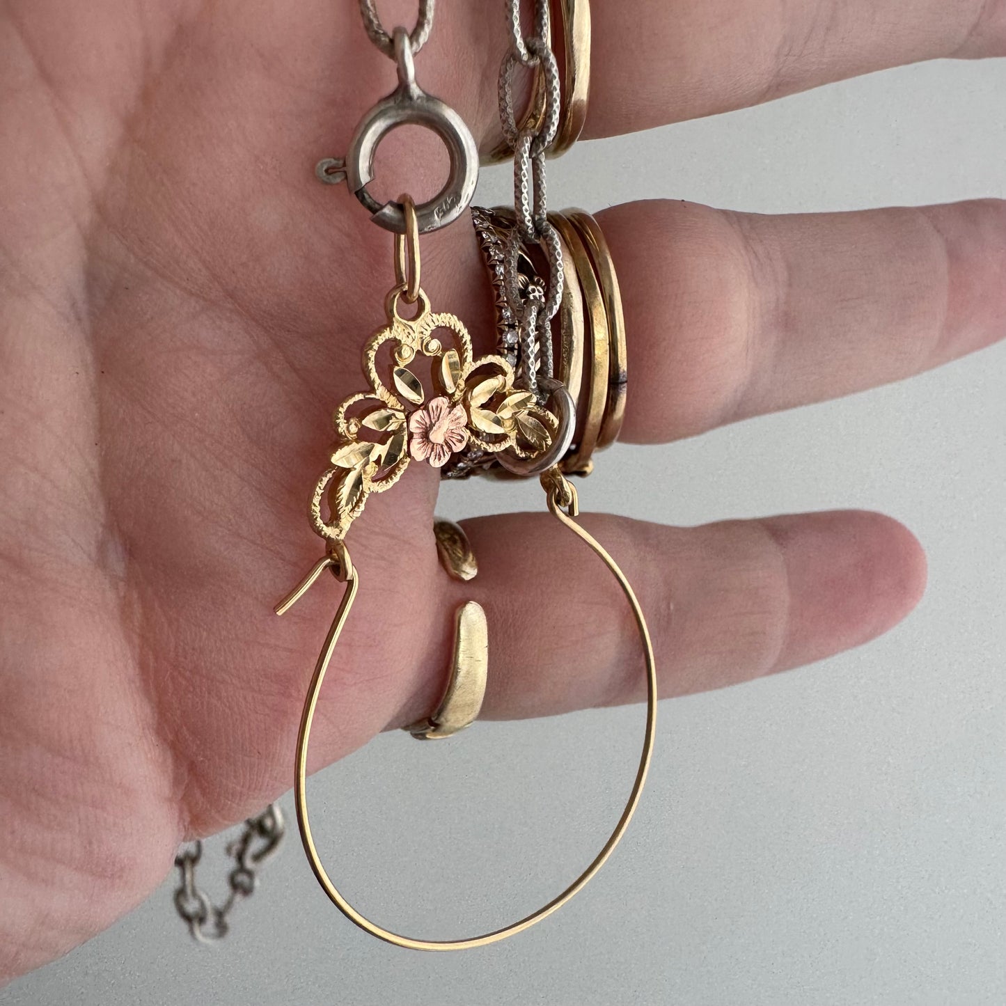 V I N T A G E // floral charm hug / 14k yellow gold floral charm holder with sterling silver cable chain / a charm holder