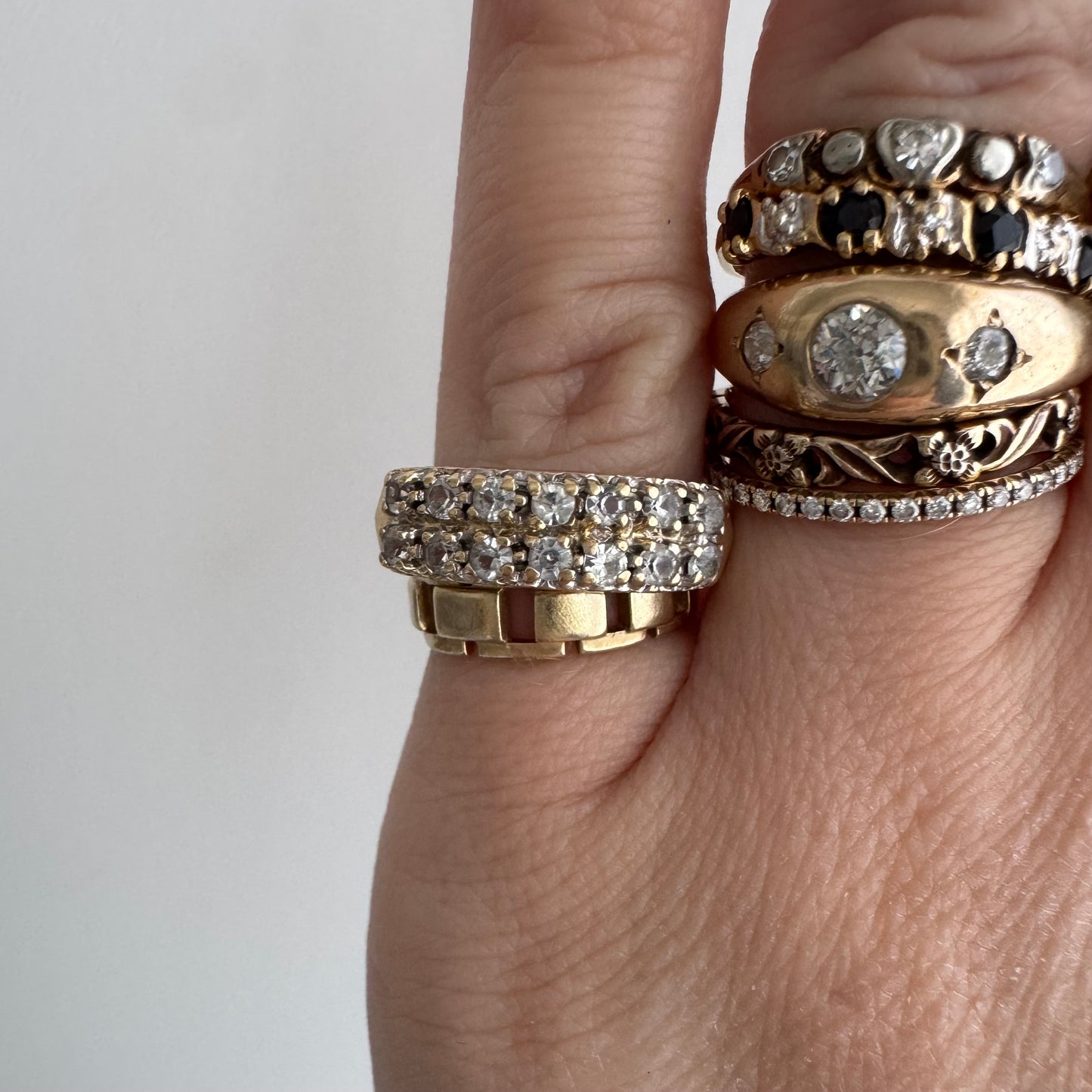 V I N T A G E // crystal clear / 14k yellow pave clear quartz double row stacking band / size 4.75