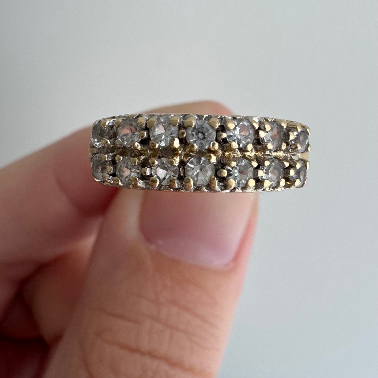 V I N T A G E // crystal clear / 14k yellow pave clear quartz double row stacking band / size 4.75