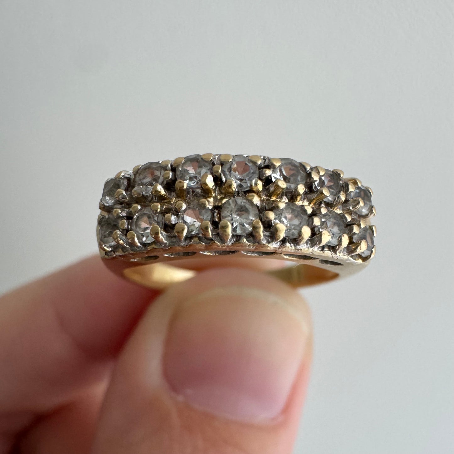 V I N T A G E // crystal clear / 14k yellow pave clear quartz double row stacking band / size 4.75
