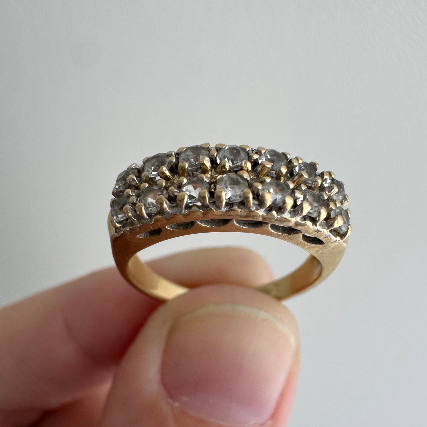 V I N T A G E // crystal clear / 14k yellow pave clear quartz double row stacking band / size 4.75