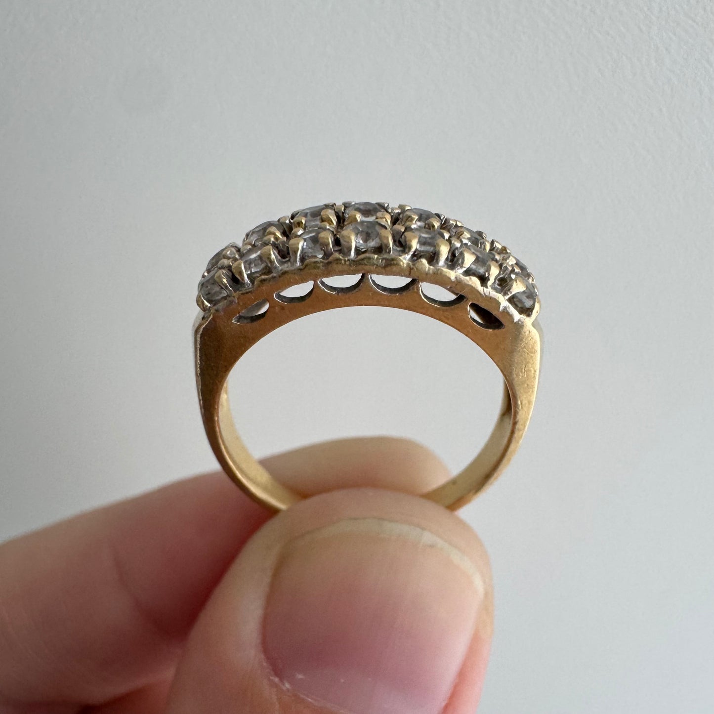 V I N T A G E // crystal clear / 14k yellow pave clear quartz double row stacking band / size 4.75