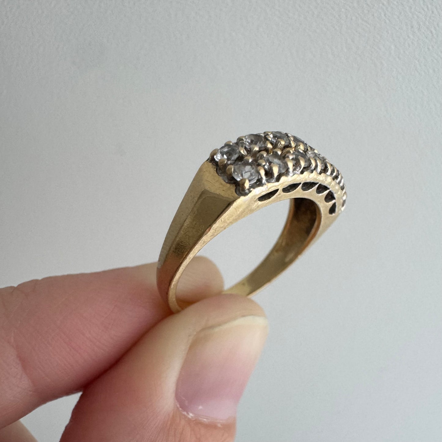 V I N T A G E // crystal clear / 14k yellow pave clear quartz double row stacking band / size 4.75