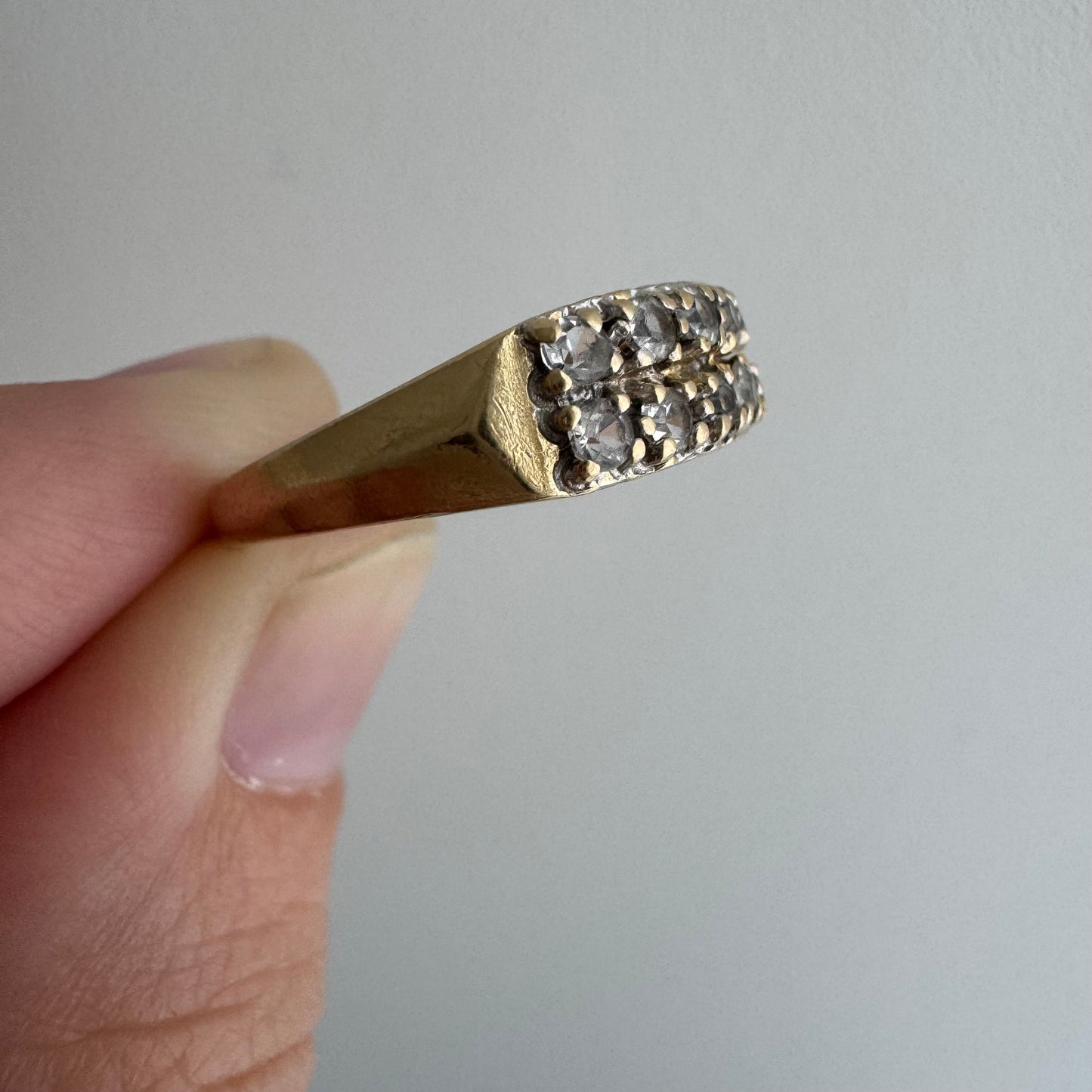 V I N T A G E // crystal clear / 14k yellow pave clear quartz double row stacking band / size 4.75