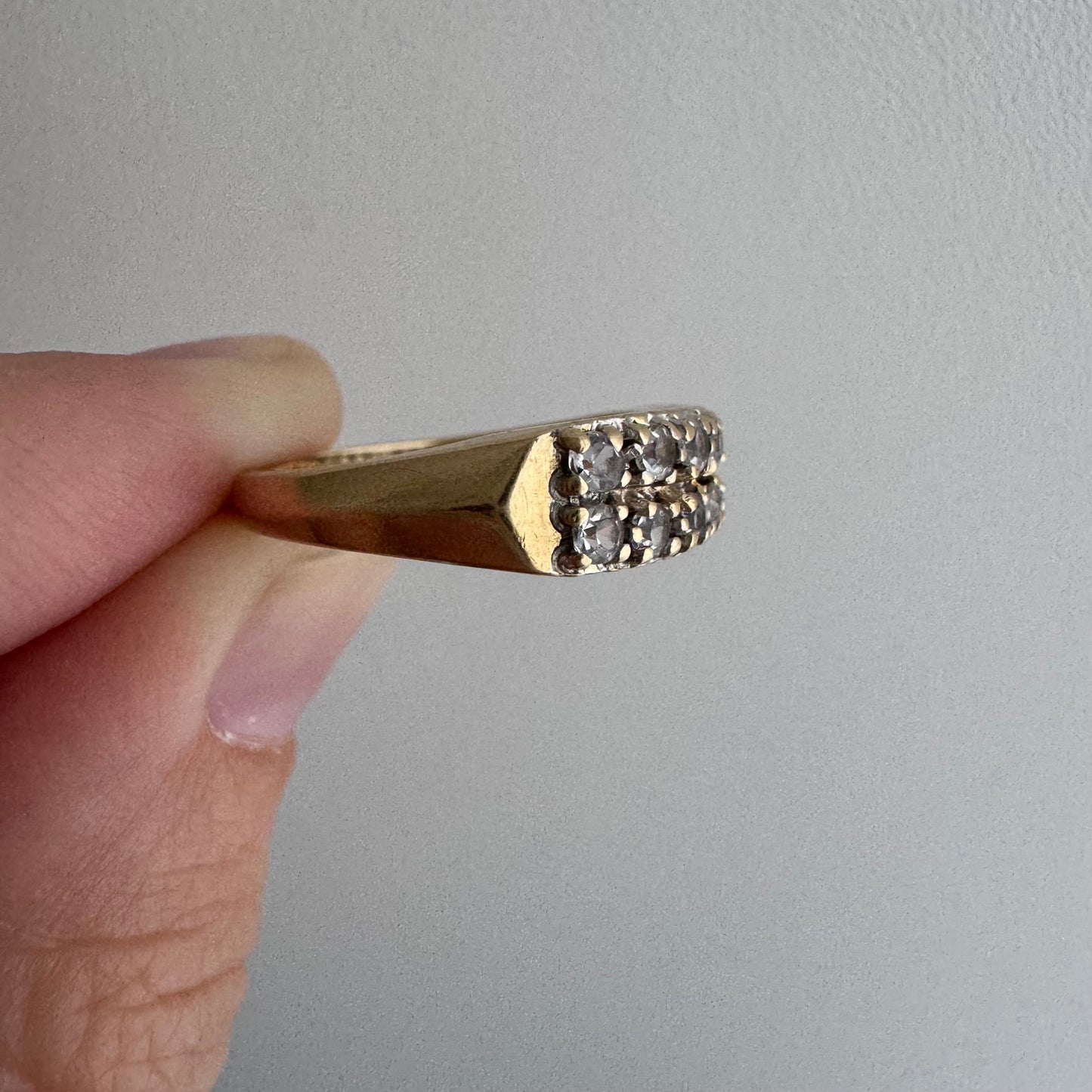 V I N T A G E // crystal clear / 14k yellow pave clear quartz double row stacking band / size 4.75