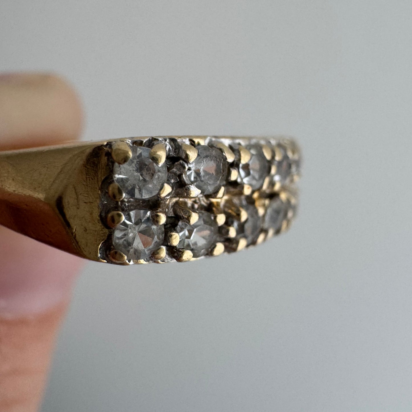 V I N T A G E // crystal clear / 14k yellow pave clear quartz double row stacking band / size 4.75