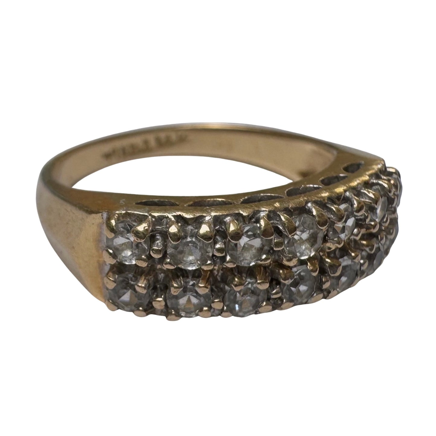 V I N T A G E // crystal clear / 14k yellow pave clear quartz double row stacking band / size 4.75
