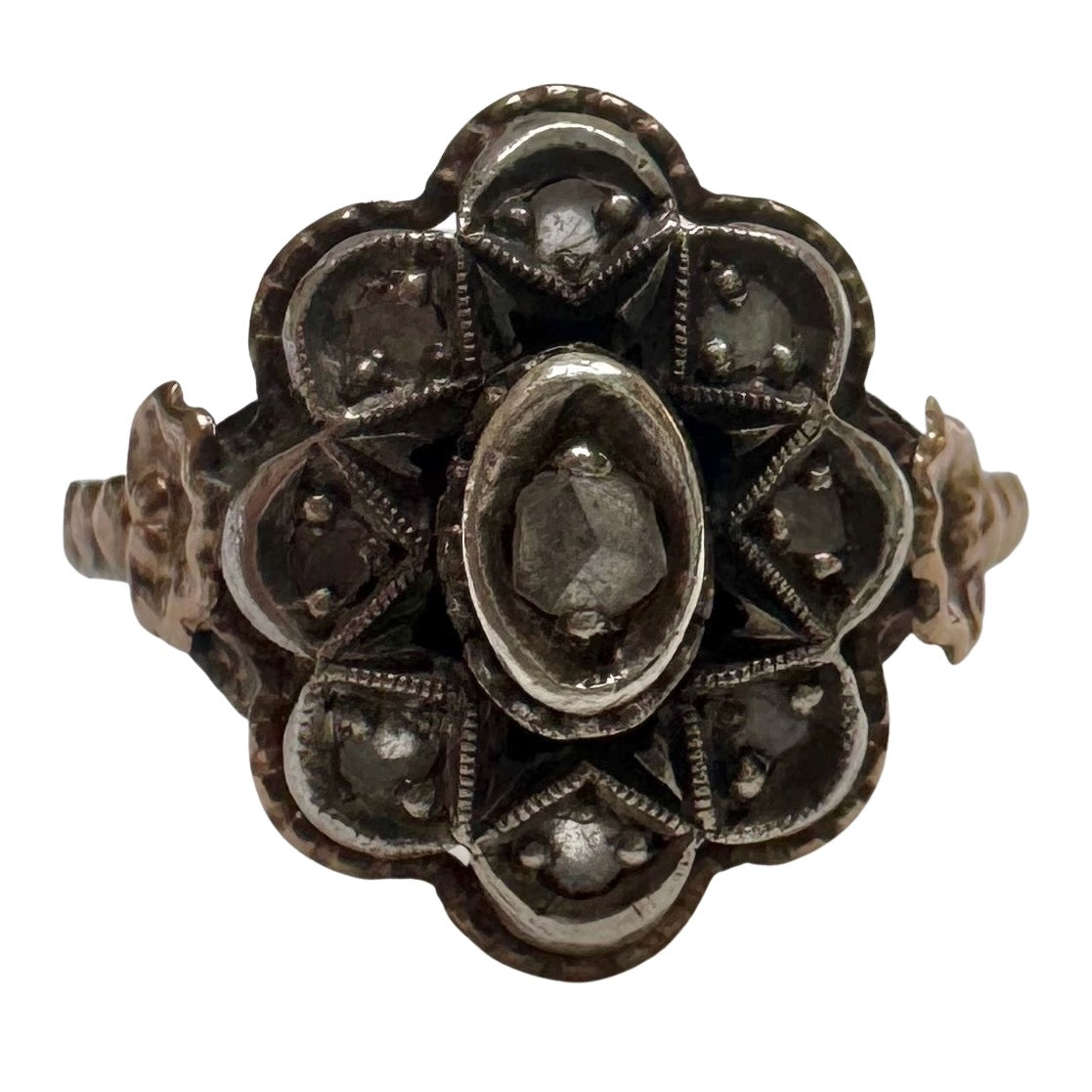 A N T I Q U E // star flower / late Georgian sterling silver topped 18k rose cut diamond celestial daisy cluster ring / size