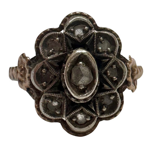 A N T I Q U E // star flower / late Georgian sterling silver topped 18k rose cut diamond celestial daisy cluster ring / size