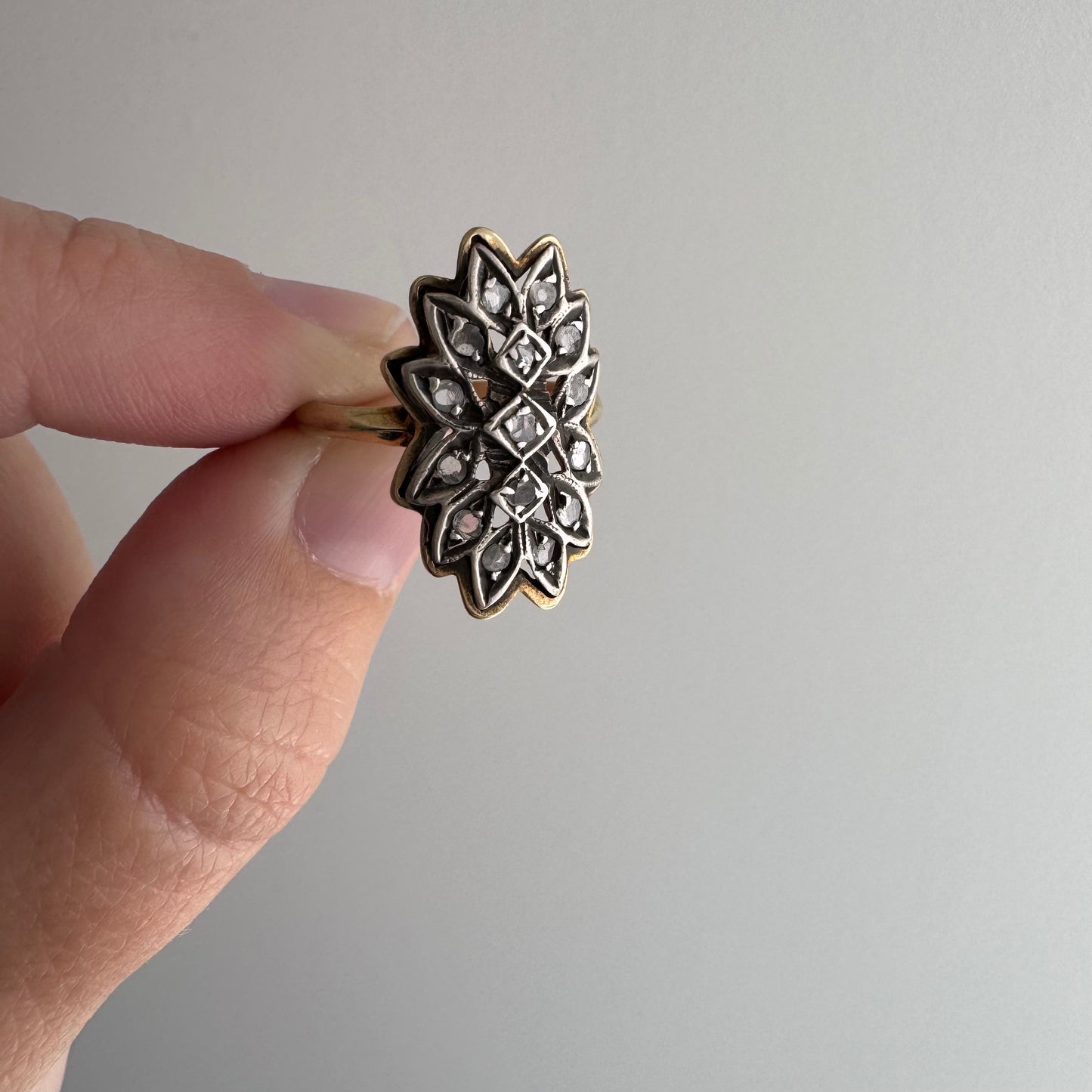 A N T I Q U E // star flower shield / sterling silver topped 14k rose cut diamond celestial daisy cluster shield ring / size 5.75