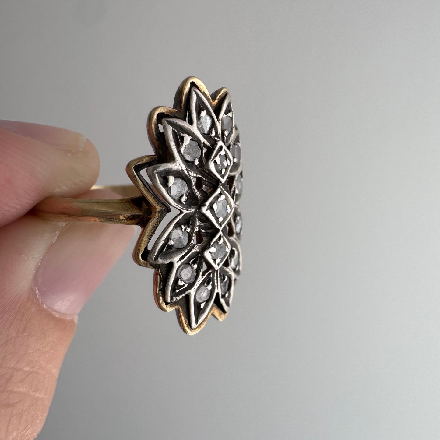 A N T I Q U E // star flower shield / sterling silver topped 14k rose cut diamond celestial daisy cluster shield ring / size 5.75