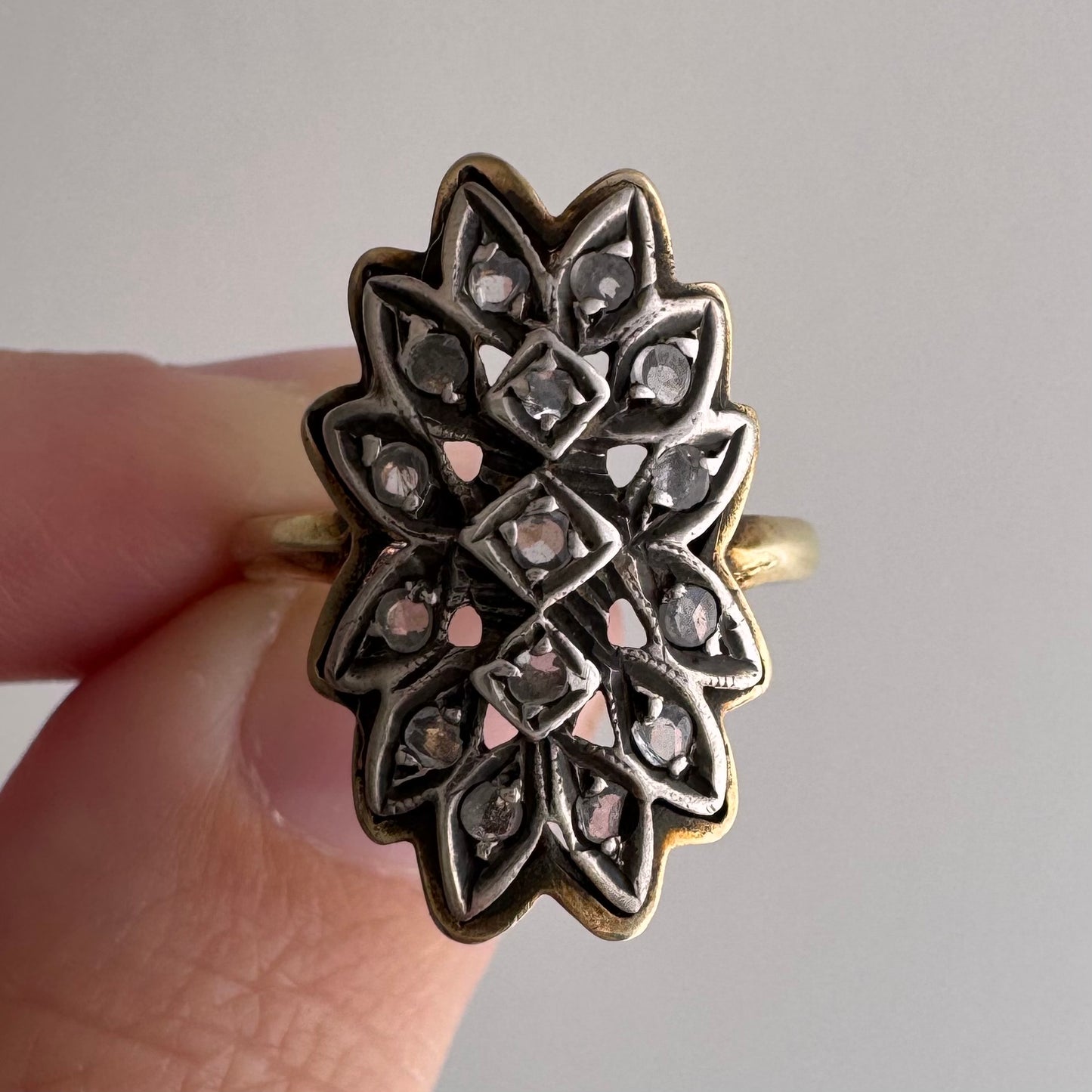 A N T I Q U E // star flower shield / sterling silver topped 14k rose cut diamond celestial daisy cluster shield ring / size 5.75