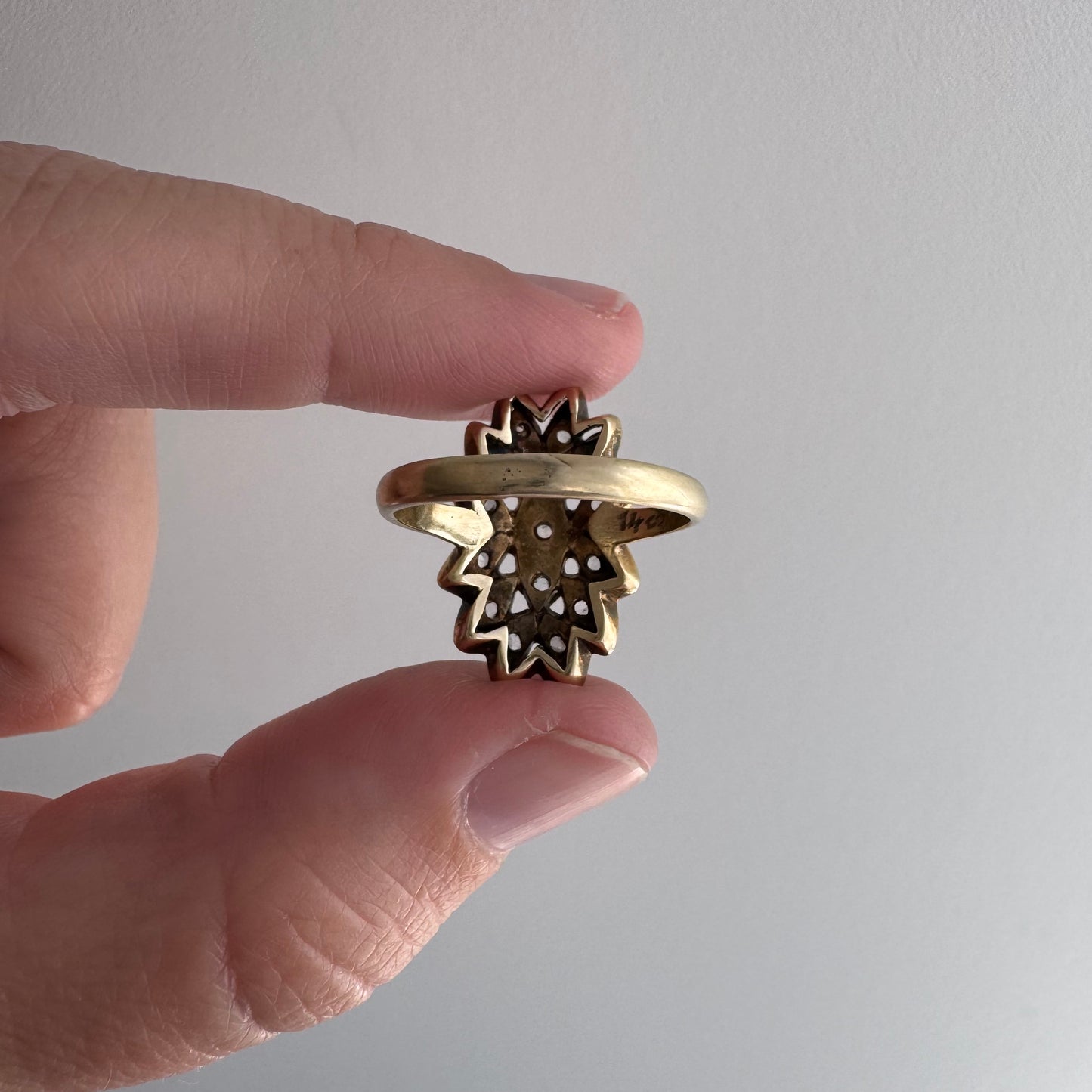 A N T I Q U E // star flower shield / sterling silver topped 14k rose cut diamond celestial daisy cluster shield ring / size 5.75