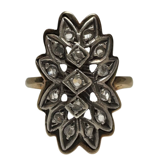A N T I Q U E // star flower shield / sterling silver topped 14k rose cut diamond celestial daisy cluster shield ring / size 5.75