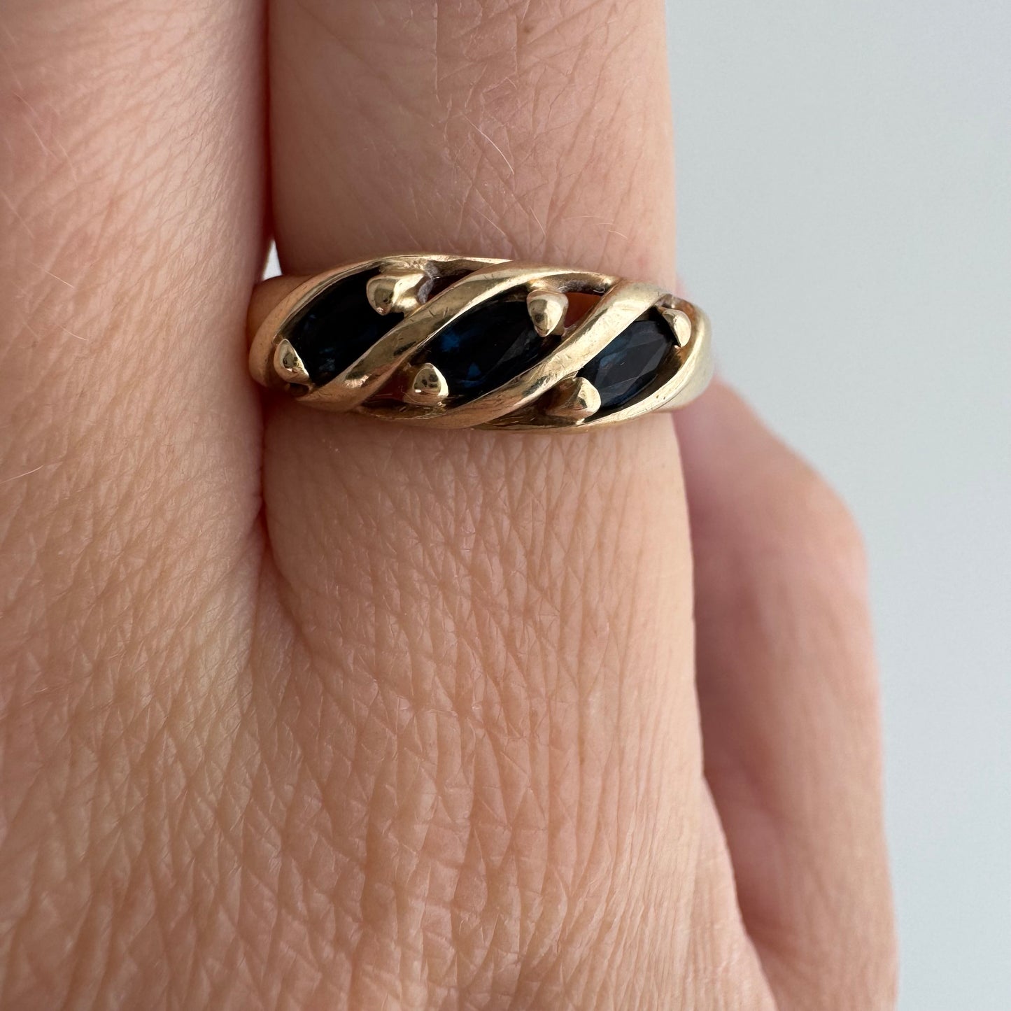 V I N T A G E // blue croissant / 10k and marquis blue sapphire half eternity domed croissant band / size 7.25