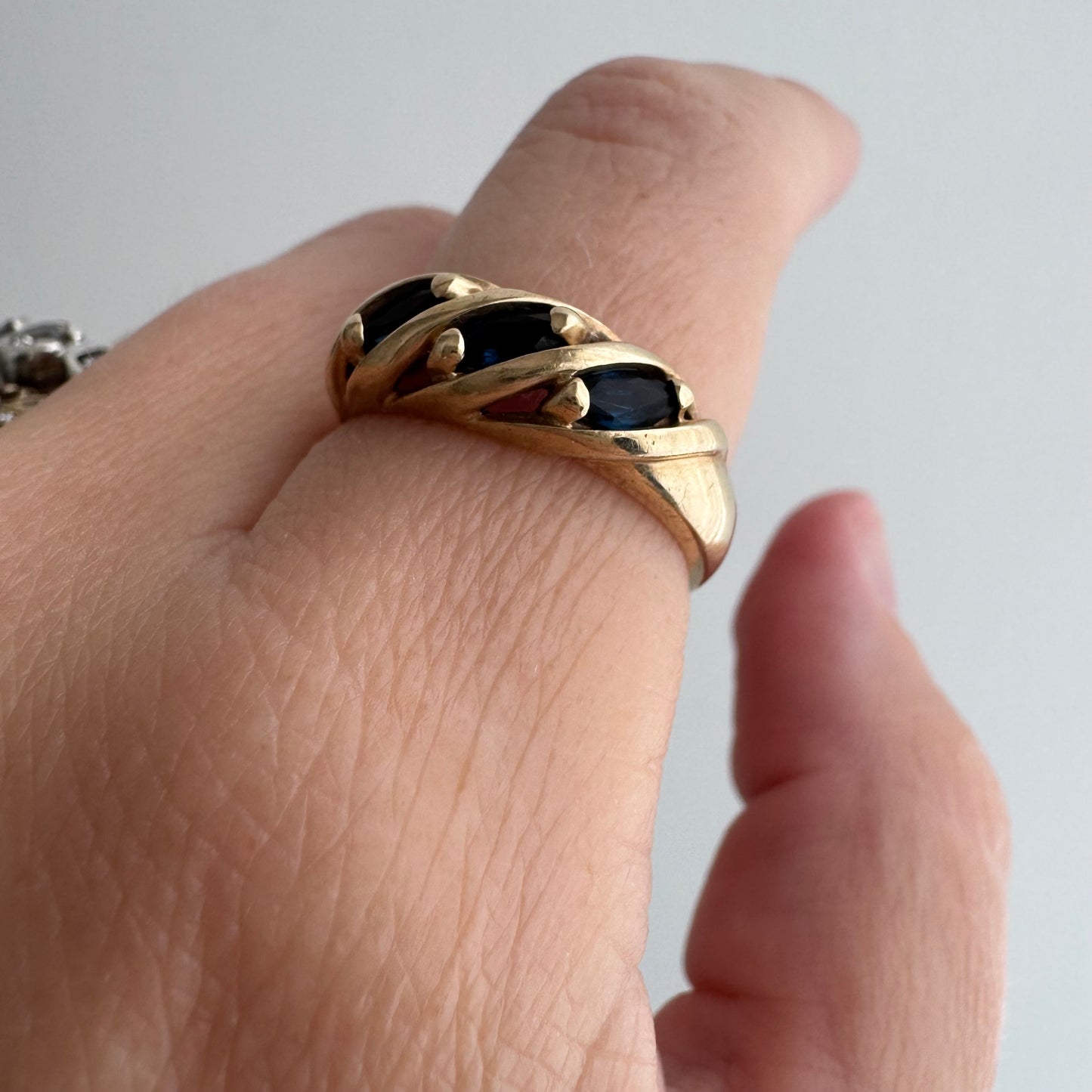 V I N T A G E // blue croissant / 10k and marquis blue sapphire half eternity domed croissant band / size 7.25