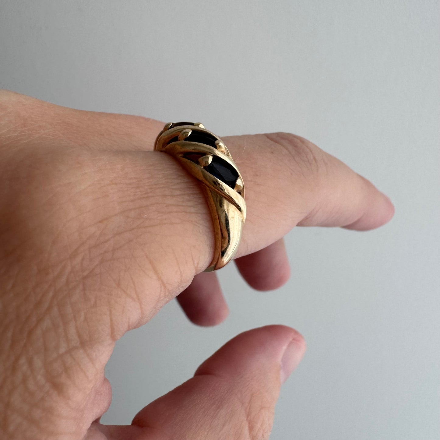 V I N T A G E // blue croissant / 10k and marquis blue sapphire half eternity domed croissant band / size 7.25