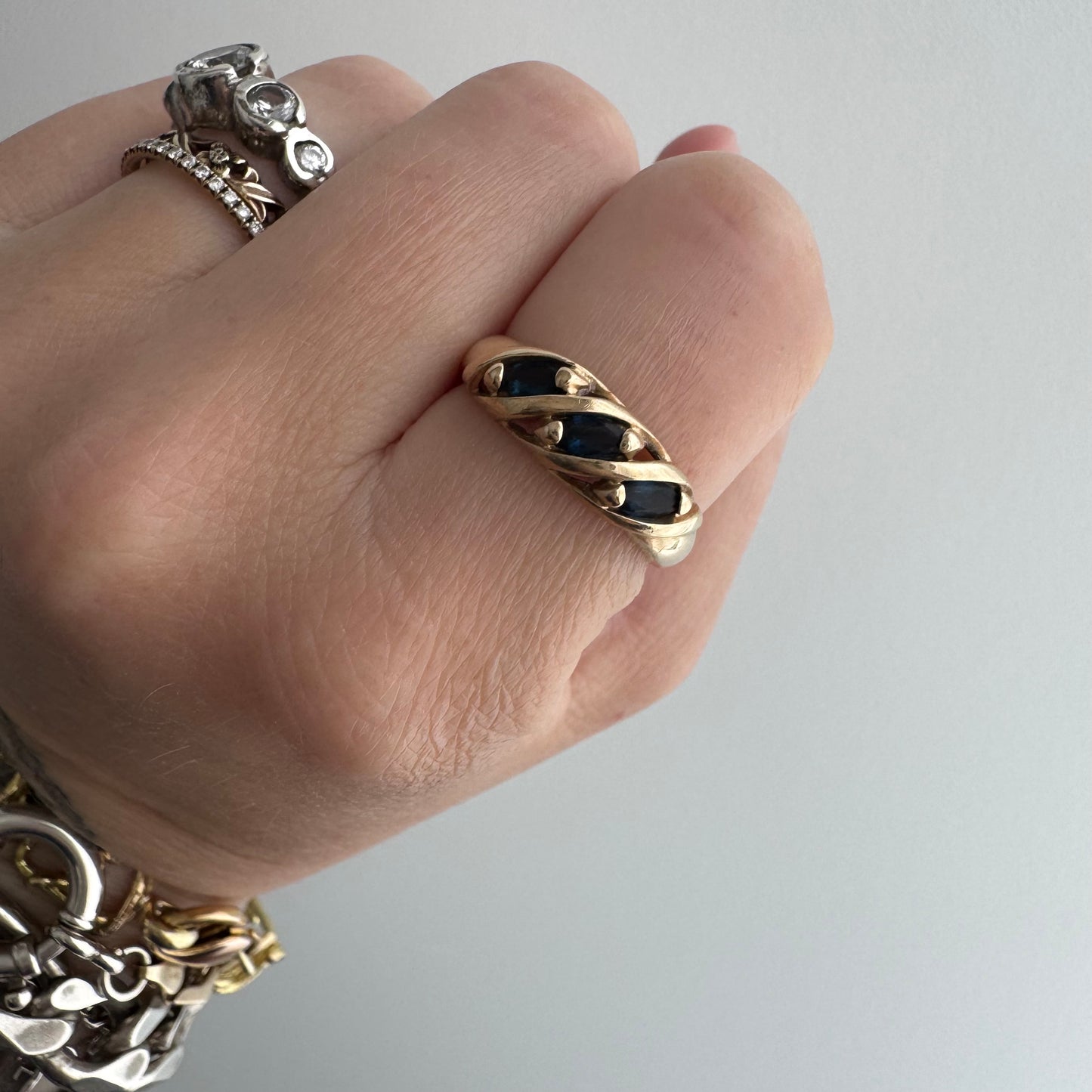 V I N T A G E // blue croissant / 10k and marquis blue sapphire half eternity domed croissant band / size 7.25