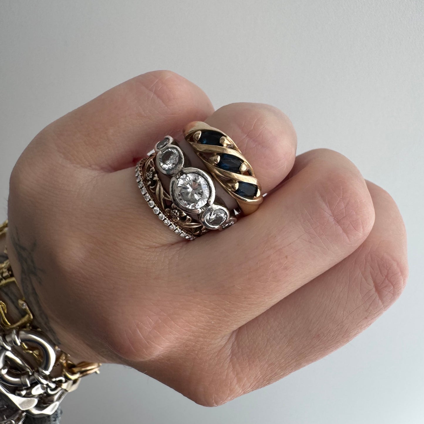 V I N T A G E // blue croissant / 10k and marquis blue sapphire half eternity domed croissant band / size 7.25