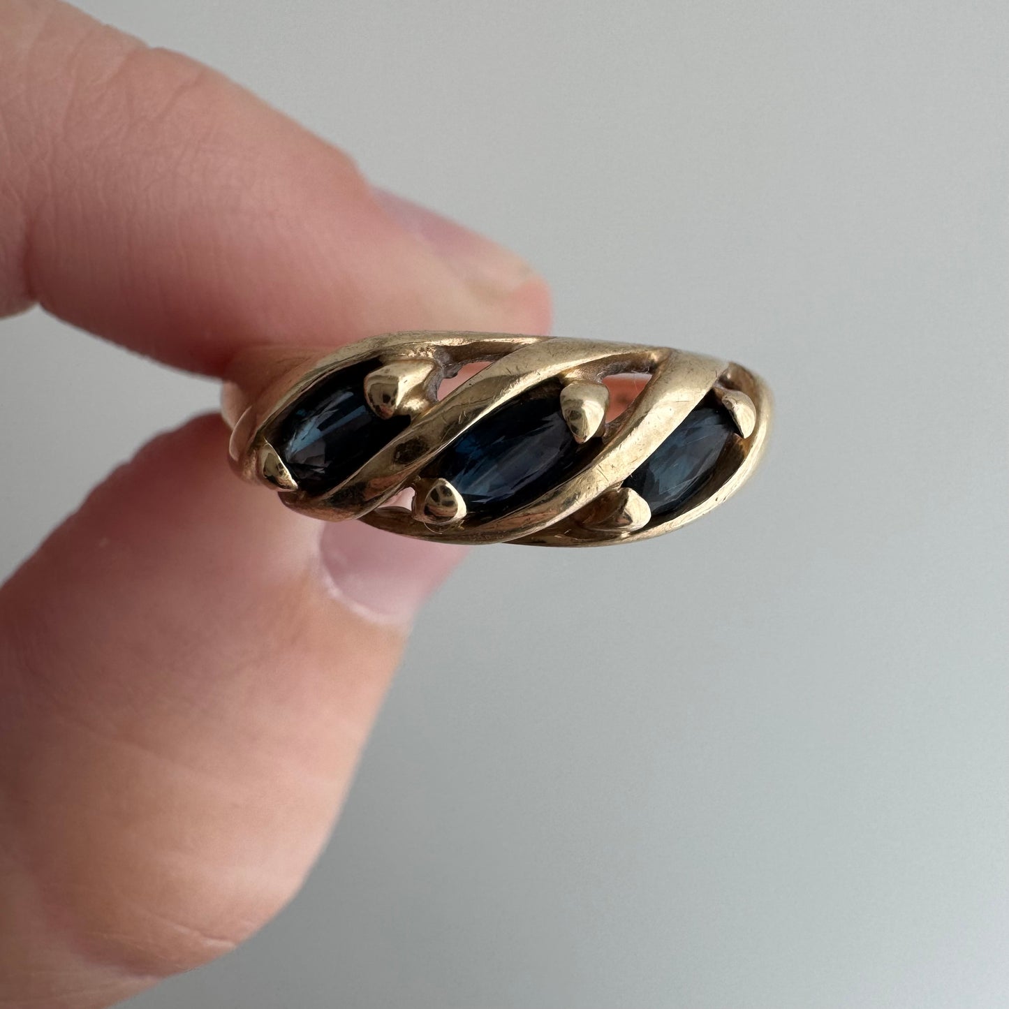 V I N T A G E // blue croissant / 10k and marquis blue sapphire half eternity domed croissant band / size 7.25