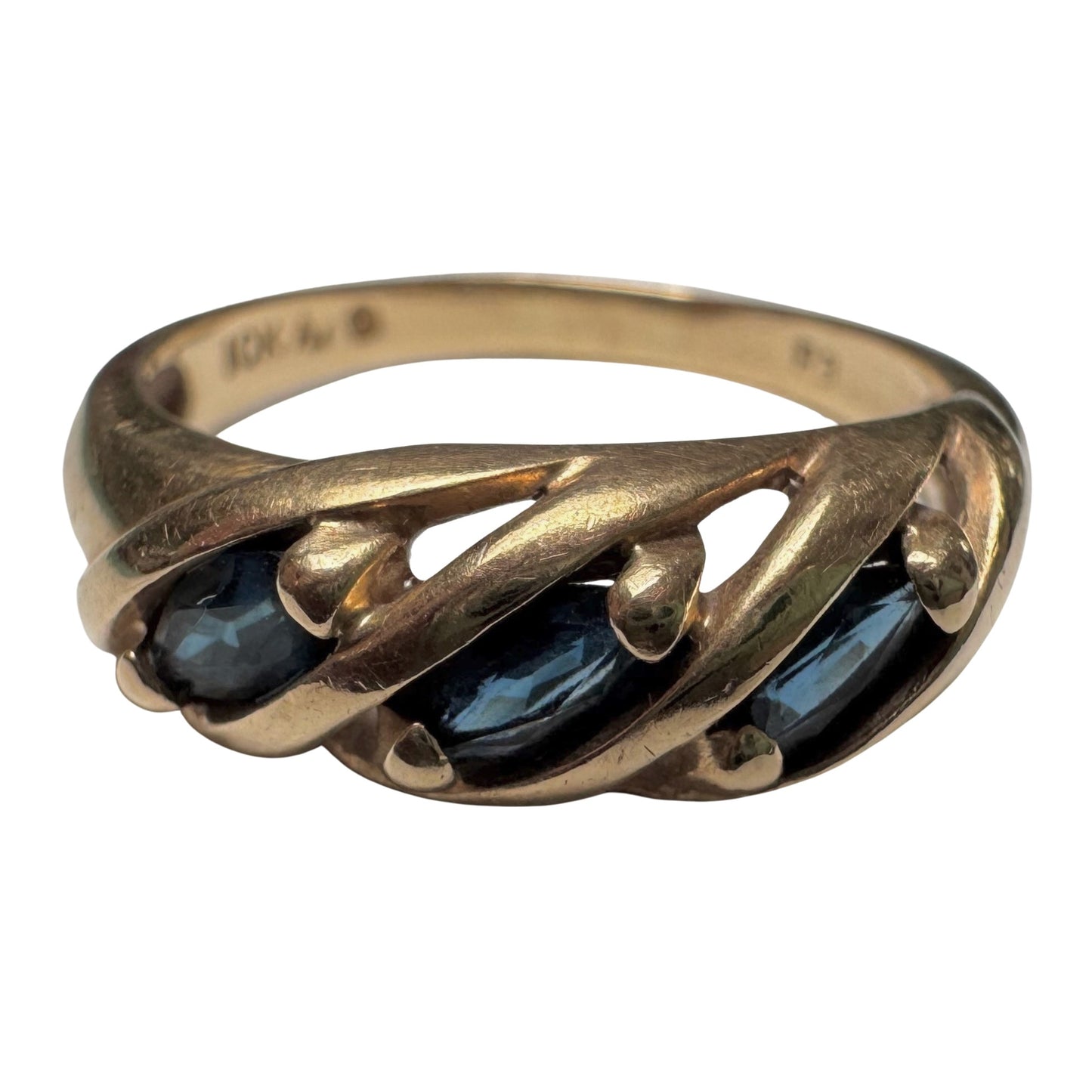 V I N T A G E // blue croissant / 10k and marquis blue sapphire half eternity domed croissant band / size 7.25
