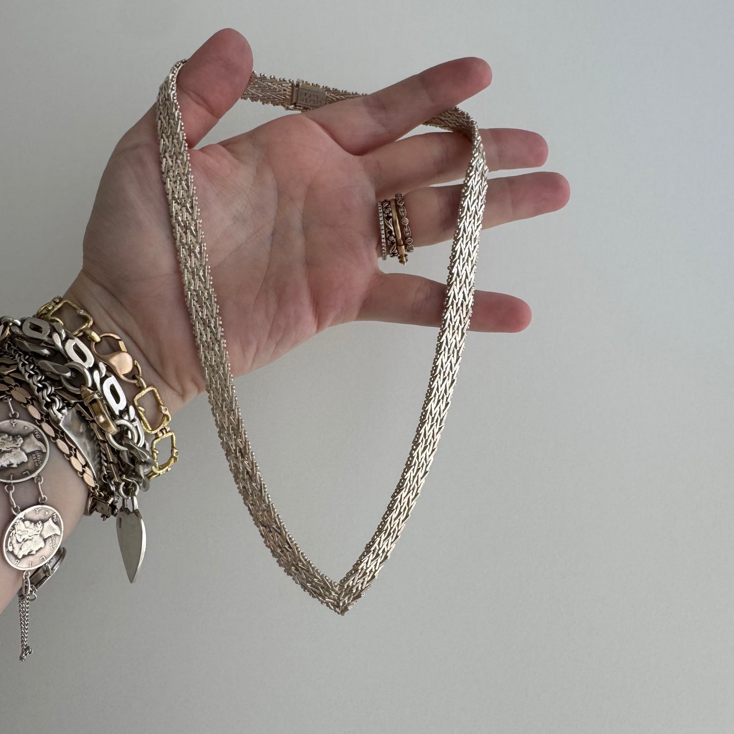 V I N T A G E // weave it together / bright white sterling silver flat woven necklace / 17", 56.8g