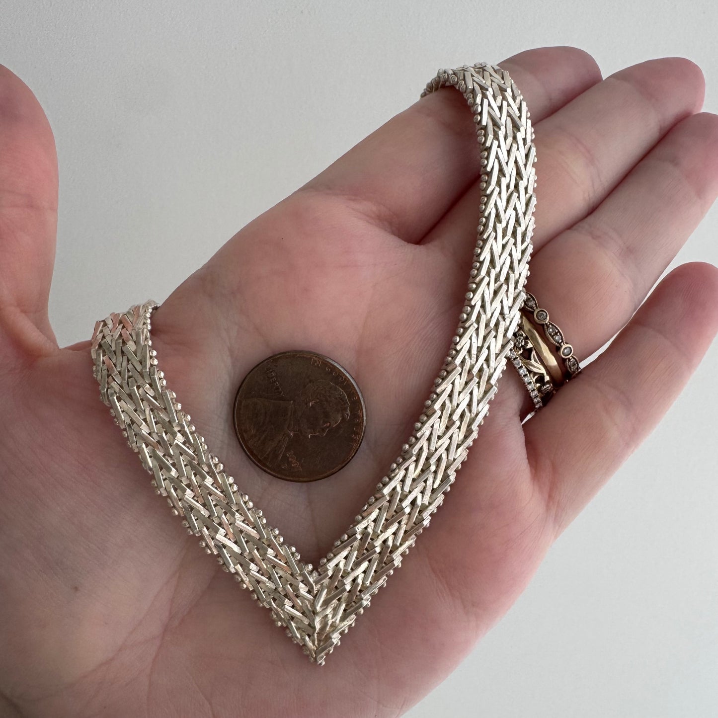 V I N T A G E // weave it together / bright white sterling silver flat woven necklace / 17", 56.8g