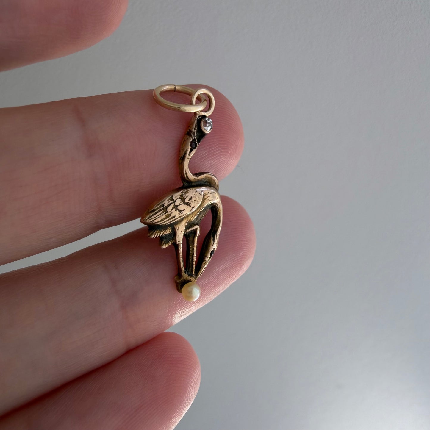 reimagined A N T I Q U E // ups and downs / 10k double heron with diamond and pearl / a pendant from a stick pin