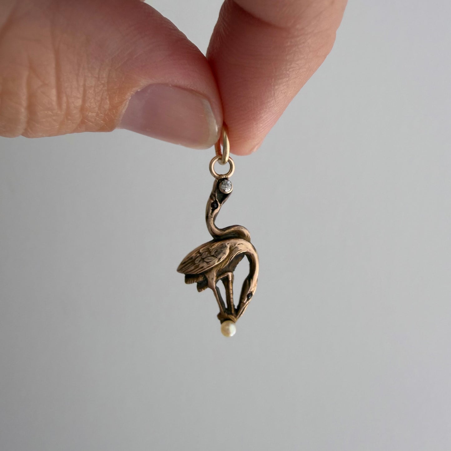reimagined A N T I Q U E // ups and downs / 10k double heron with diamond and pearl / a pendant from a stick pin