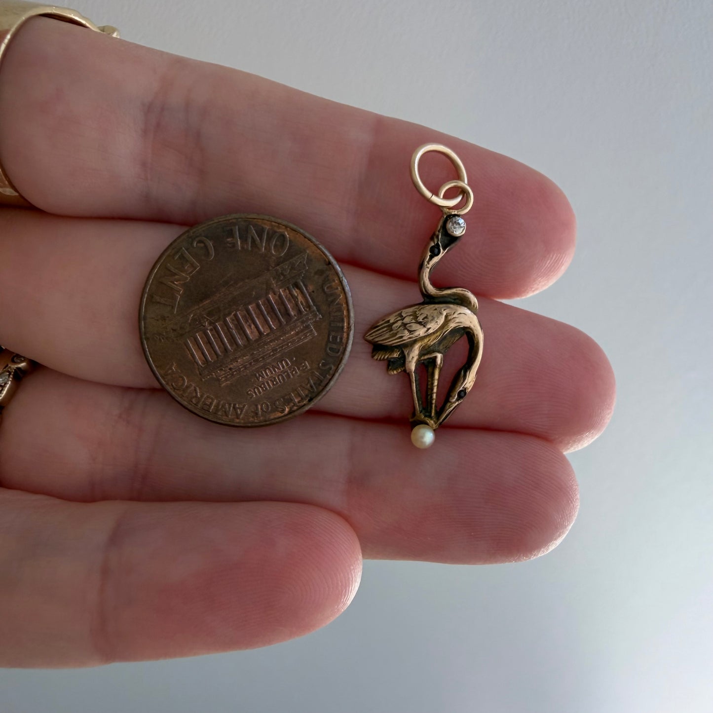reimagined A N T I Q U E // ups and downs / 10k double heron with diamond and pearl / a pendant from a stick pin