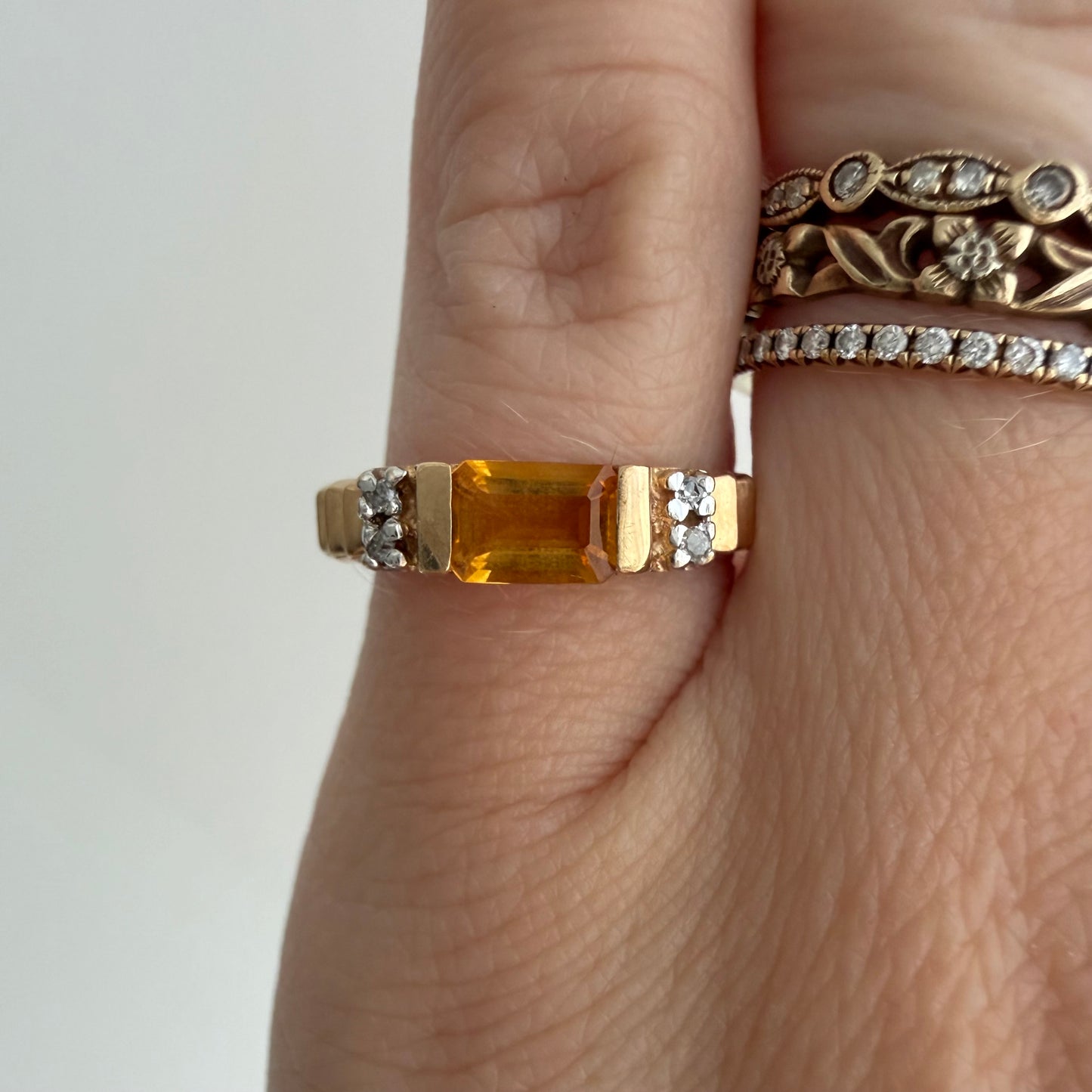 V I N T A G E // staircase to citrine / 10k with citrine and diamond geometric stacking ring / size 4.5+