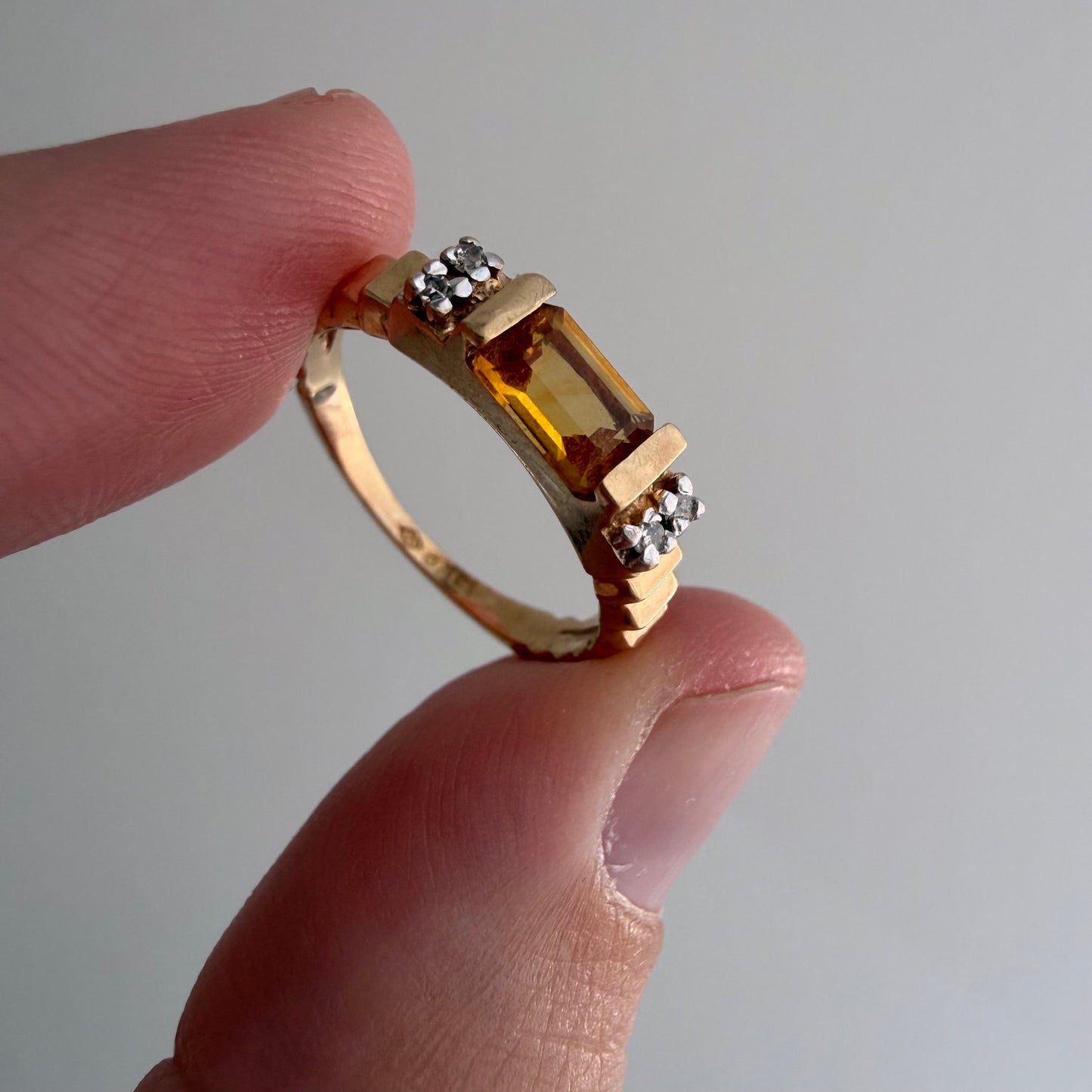 V I N T A G E // staircase to citrine / 10k with citrine and diamond geometric stacking ring / size 4.5+
