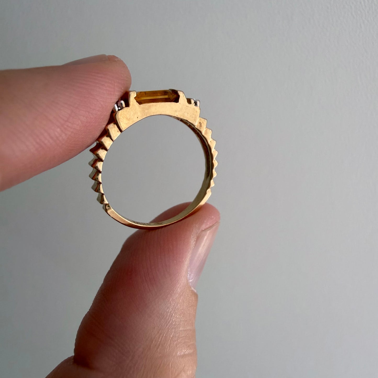 V I N T A G E // staircase to citrine / 10k with citrine and diamond geometric stacking ring / size 4.5+