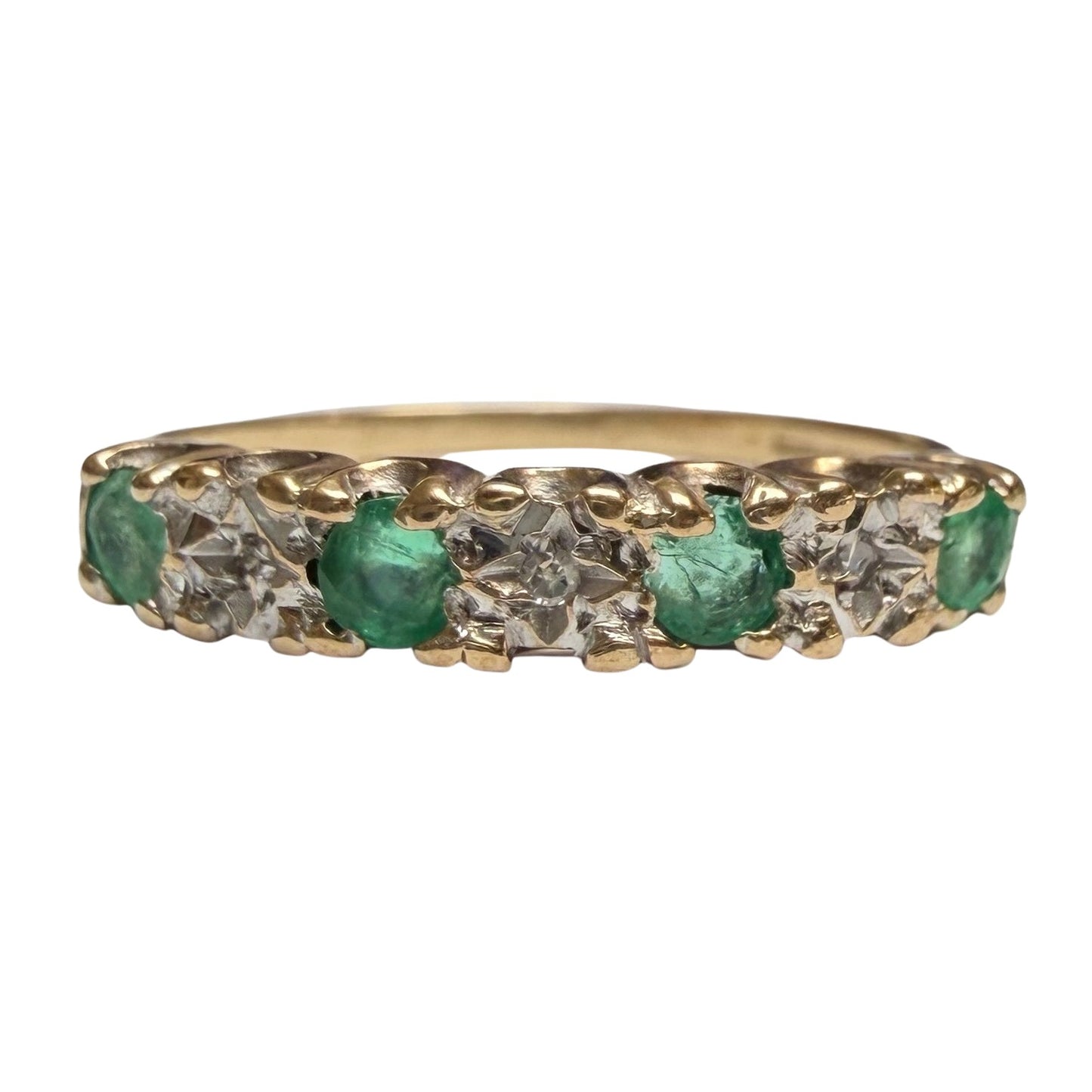 V I N T A G E // enviable green / 9k + emerald + diamond starburst stacking band / size 5.5+