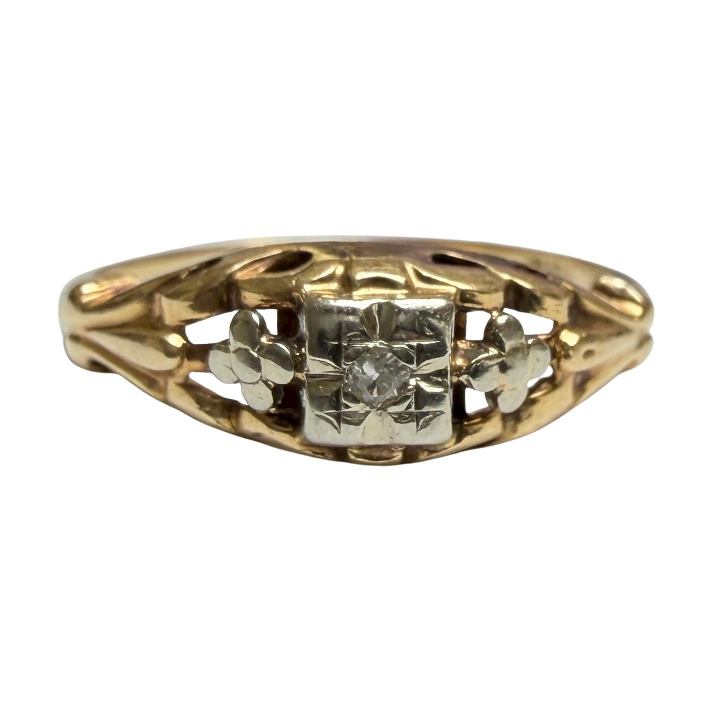 V I N T A G E // late deco bloom / two tone 14k and diamond floral solitaire ring / size 5.25