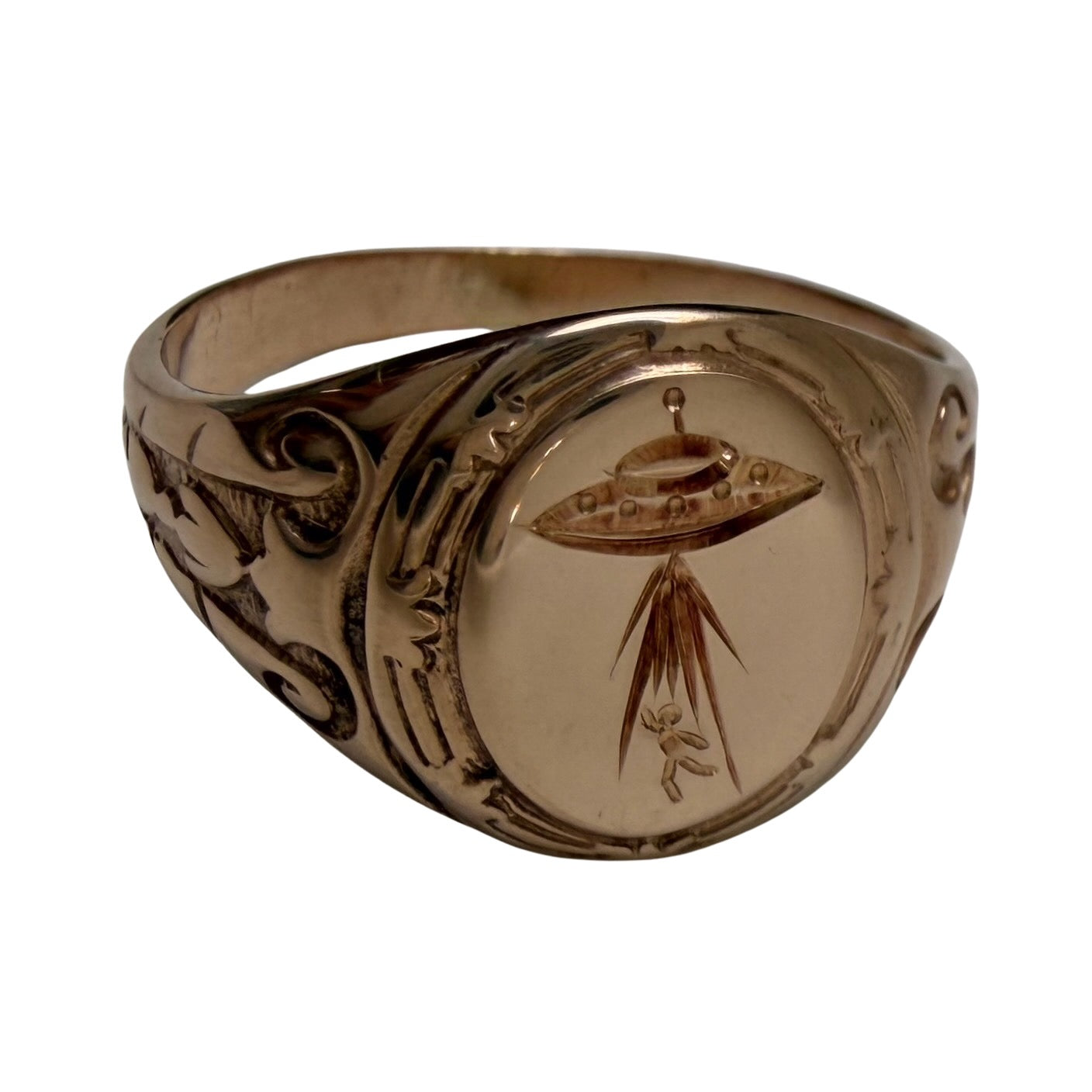 reimagined A N T I Q U E // beam us up / edwardian era 10k rosy gold signet ring + new UFO and willing passenger / size 6.5