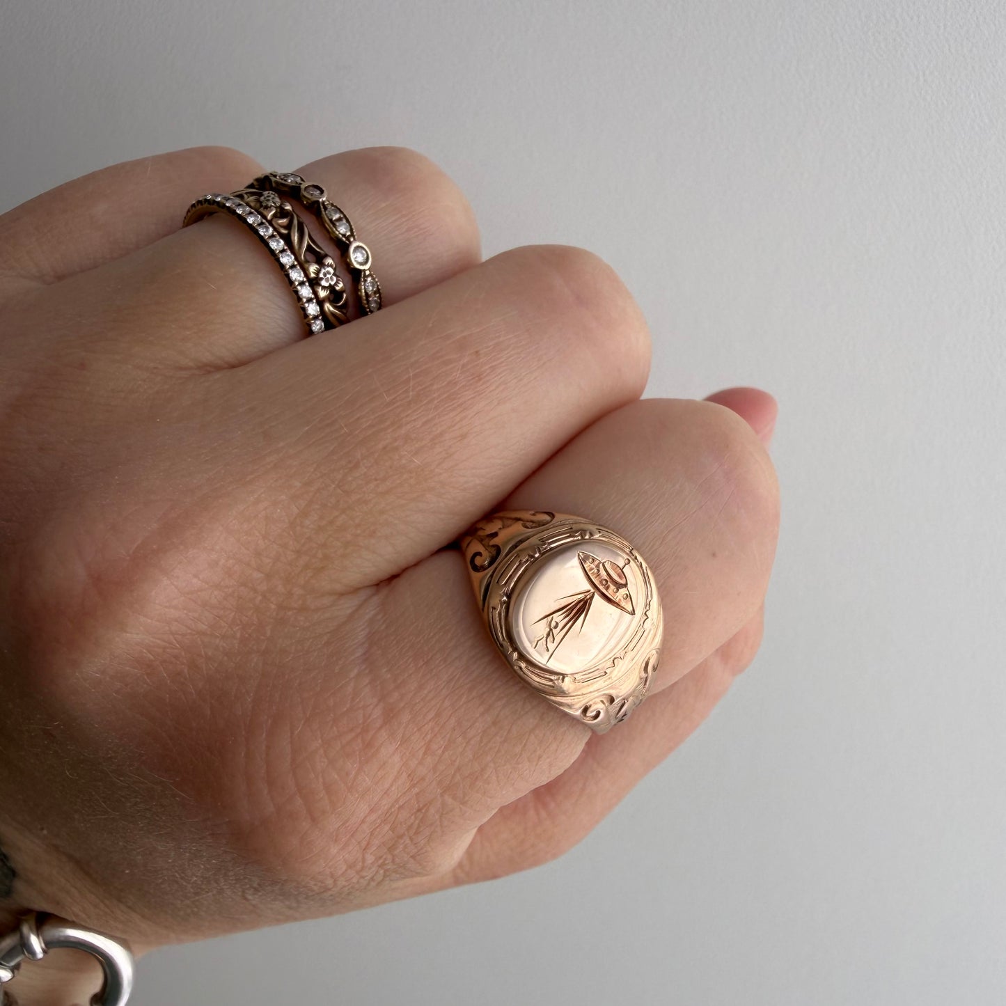 reimagined A N T I Q U E // beam us up / edwardian era 10k rosy gold signet ring + new UFO and willing passenger / size 6.5