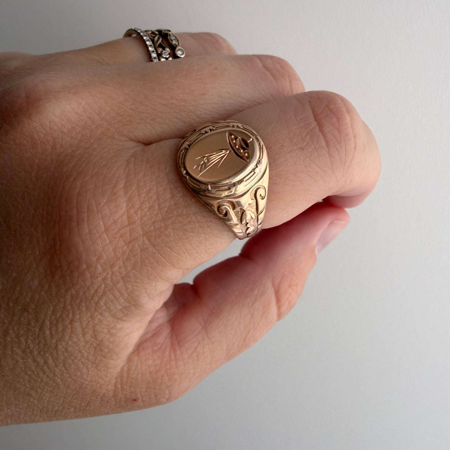reimagined A N T I Q U E // beam us up / edwardian era 10k rosy gold signet ring + new UFO and willing passenger / size 6.5