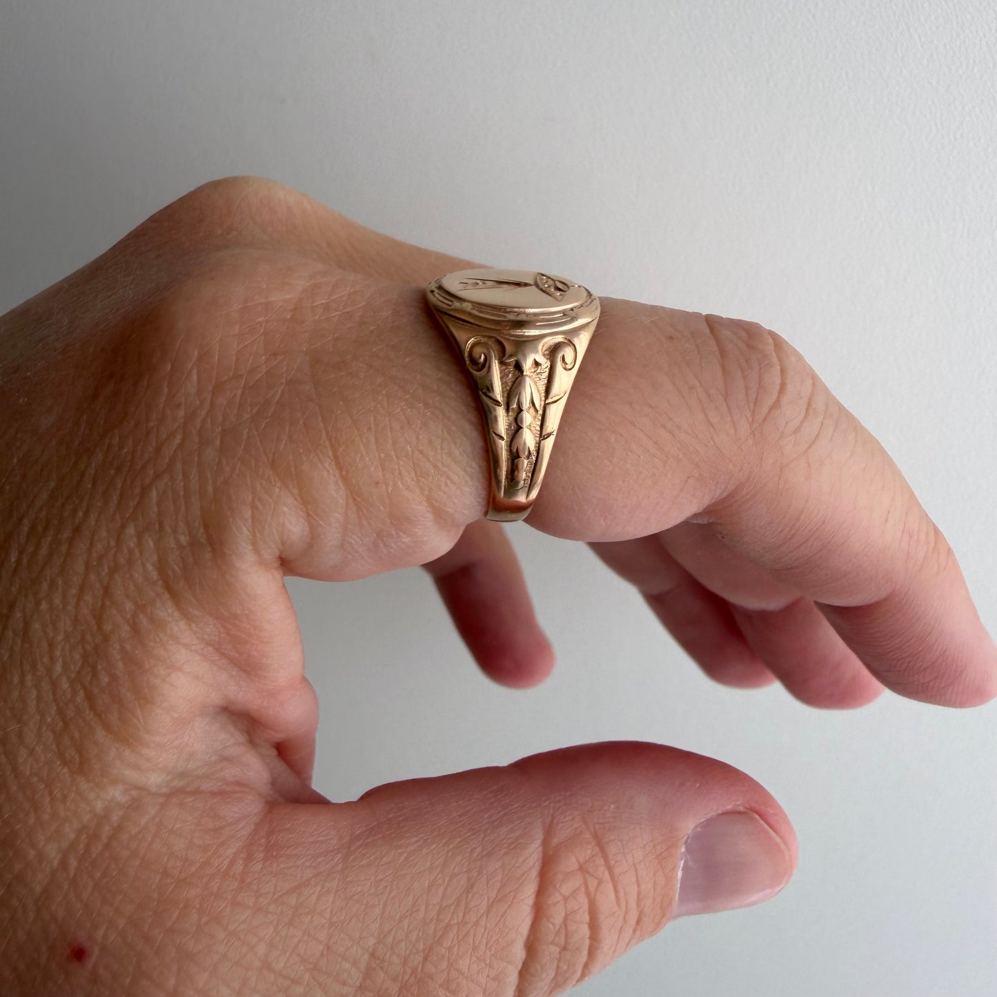 reimagined A N T I Q U E // beam us up / edwardian era 10k rosy gold signet ring + new UFO and willing passenger / size 6.5