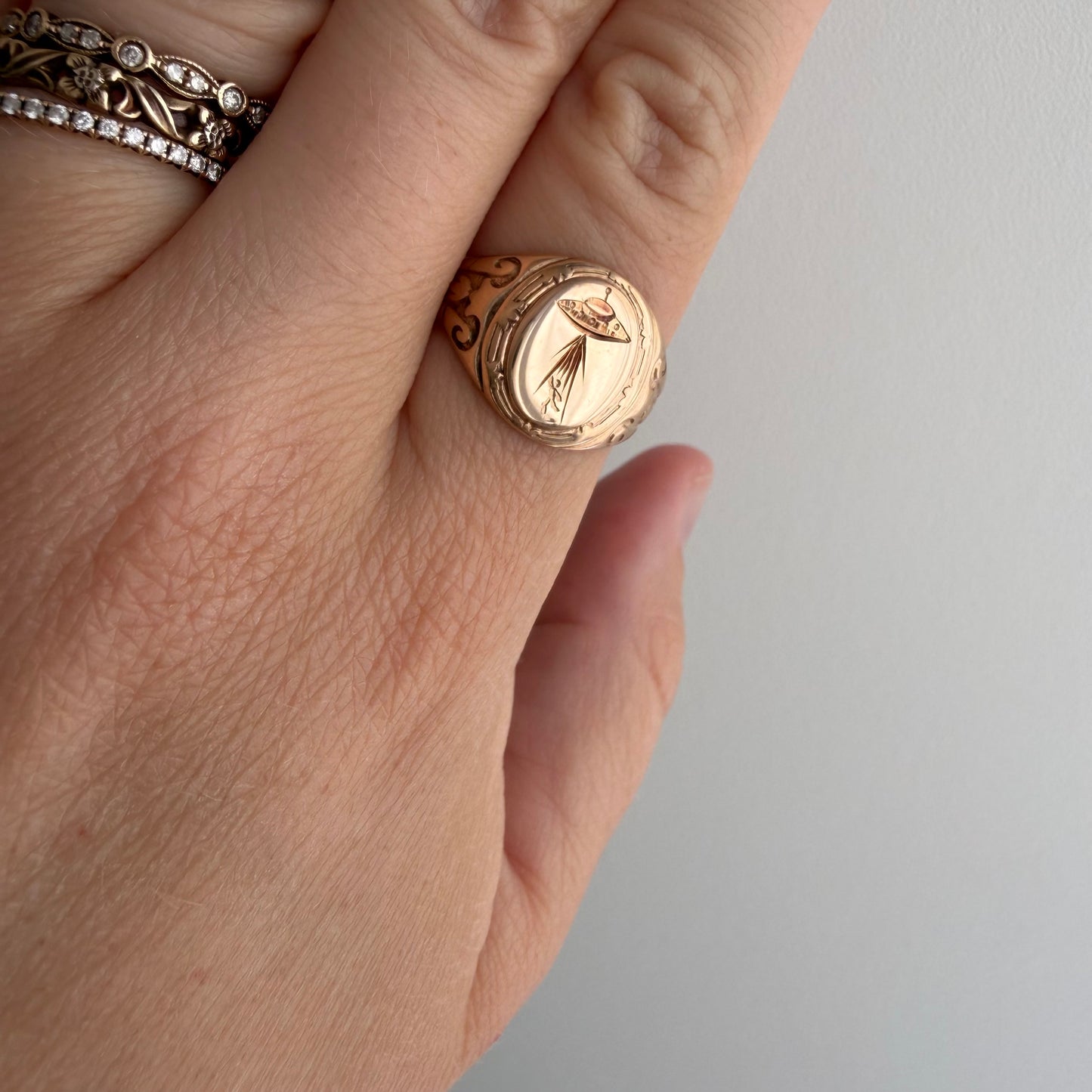 reimagined A N T I Q U E // beam us up / edwardian era 10k rosy gold signet ring + new UFO and willing passenger / size 6.5