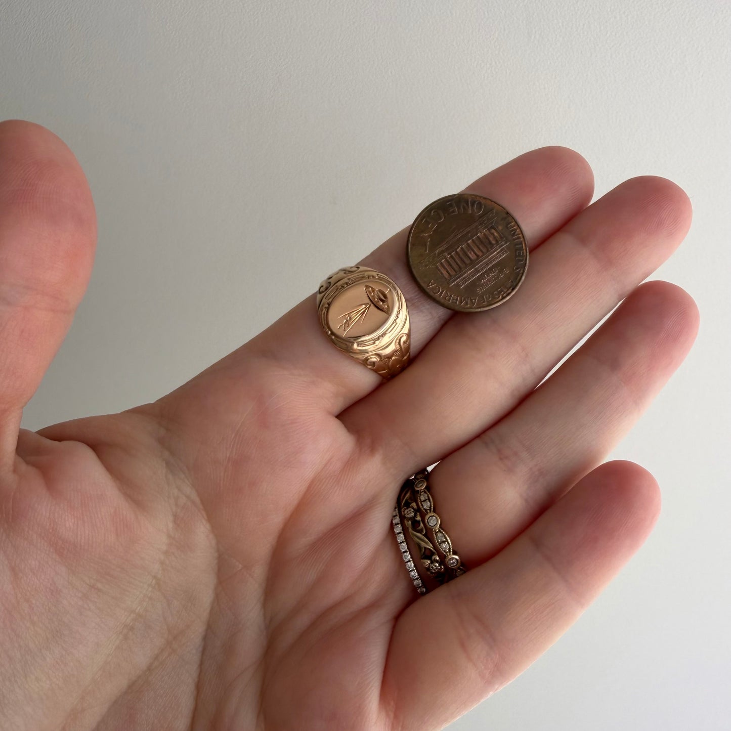 reimagined A N T I Q U E // beam us up / edwardian era 10k rosy gold signet ring + new UFO and willing passenger / size 6.5