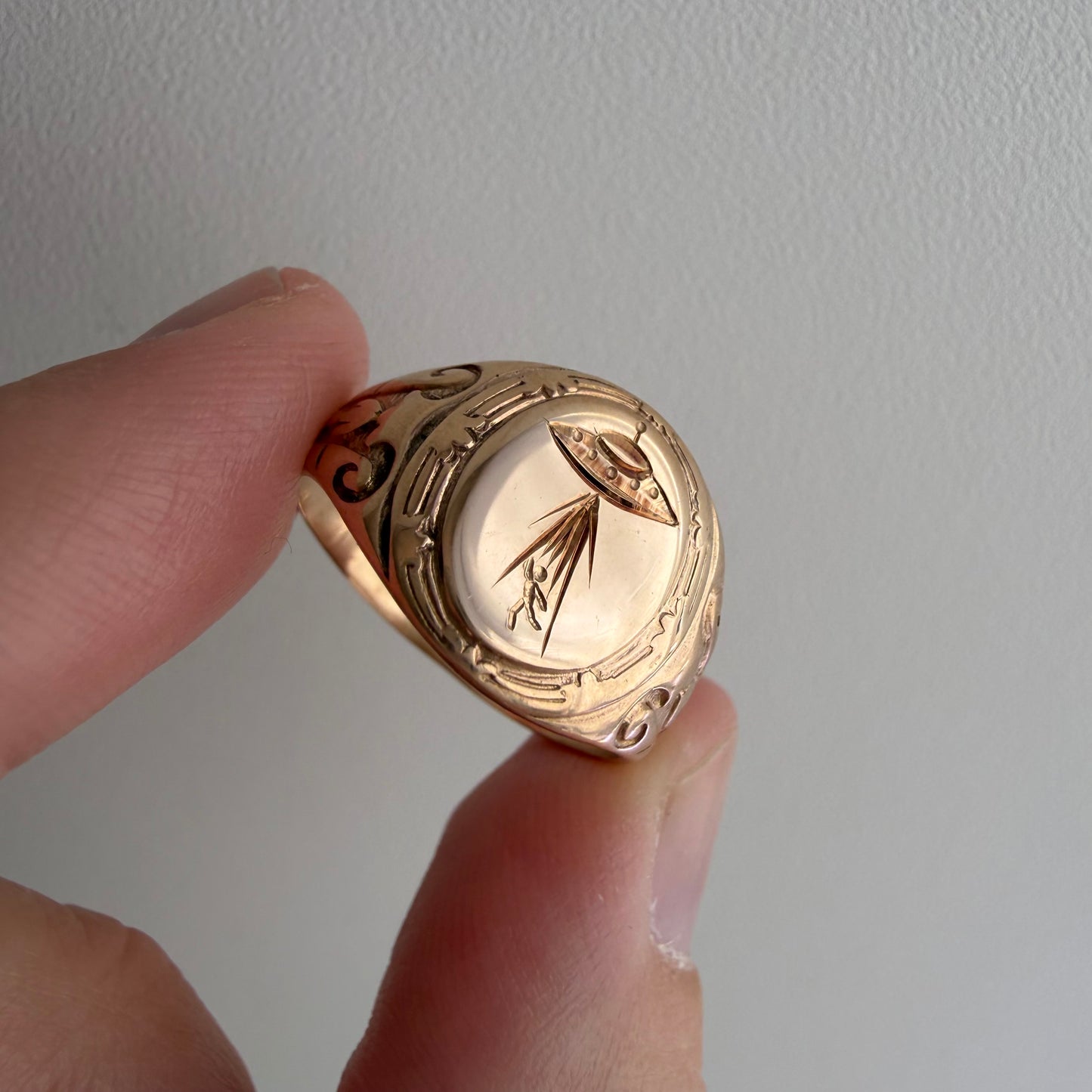 reimagined A N T I Q U E // beam us up / edwardian era 10k rosy gold signet ring + new UFO and willing passenger / size 6.5