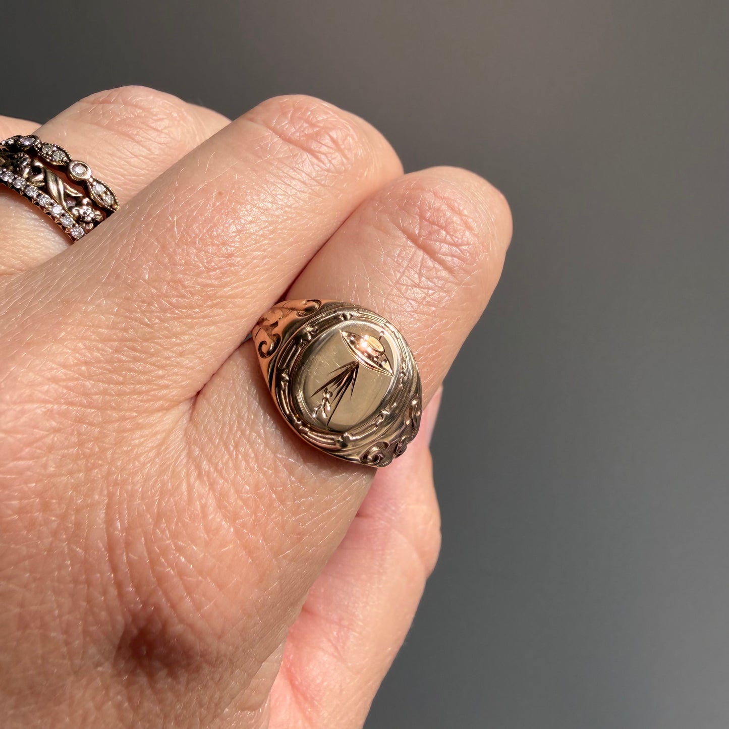 reimagined A N T I Q U E // beam us up / edwardian era 10k rosy gold signet ring + new UFO and willing passenger / size 6.5