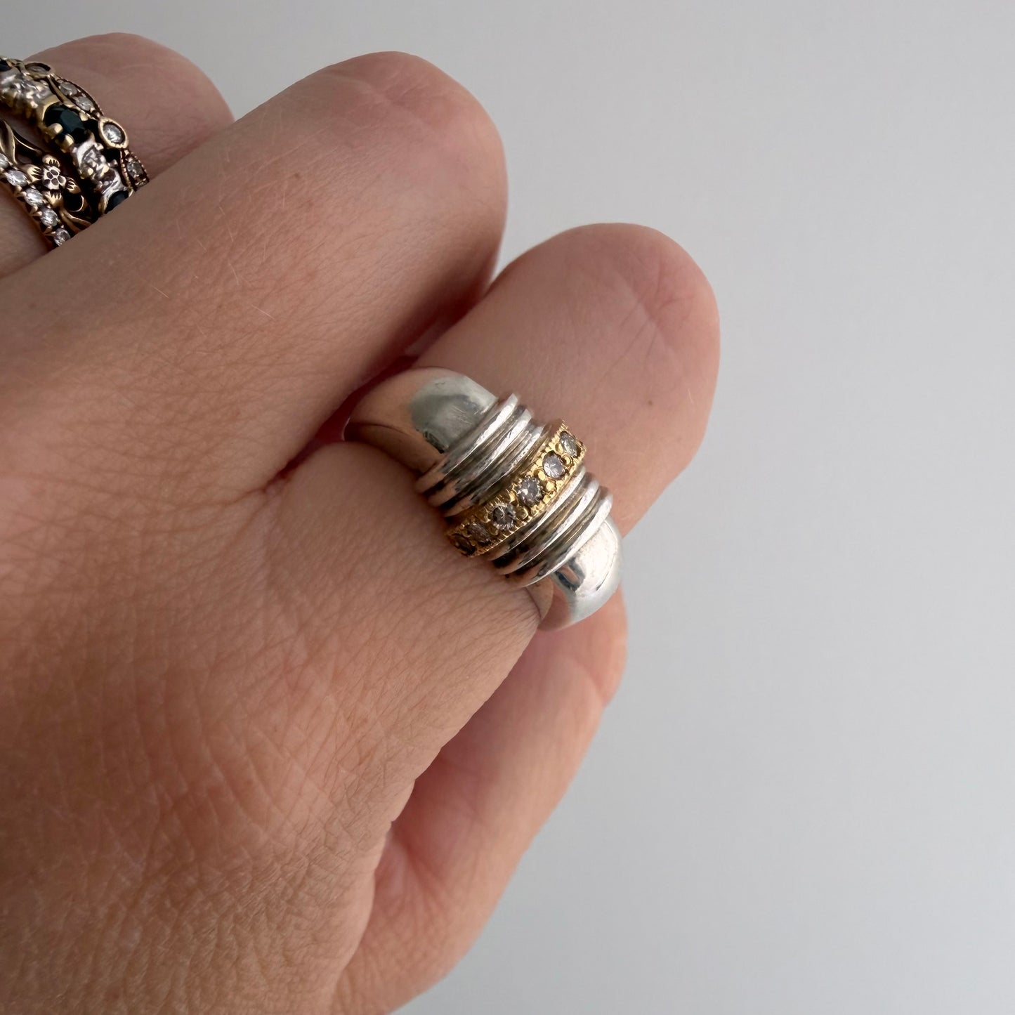 E S T A T E // 1940s lines / sterling silver + 10k + diamond ribbed arch ring / size 6.75