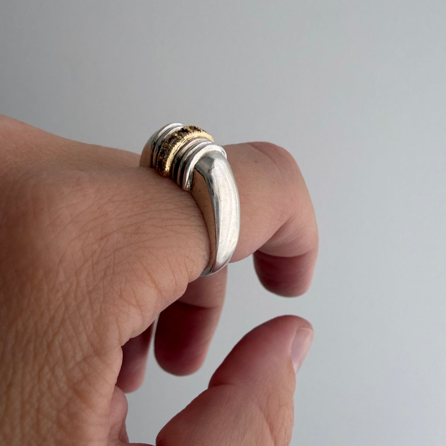 E S T A T E // 1940s lines / sterling silver + 10k + diamond ribbed arch ring / size 6.75