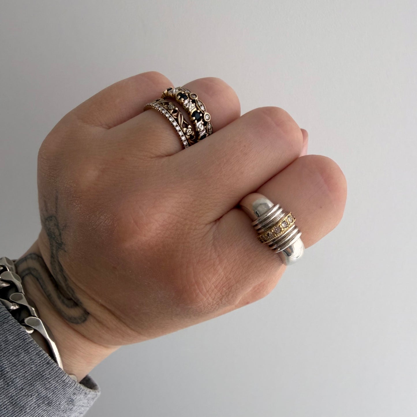 E S T A T E // 1940s lines / sterling silver + 10k + diamond ribbed arch ring / size 6.75