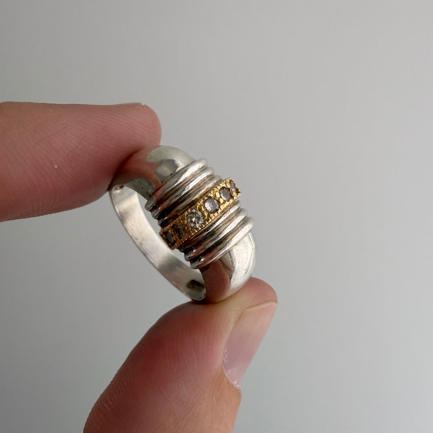 E S T A T E // 1940s lines / sterling silver + 10k + diamond ribbed arch ring / size 6.75